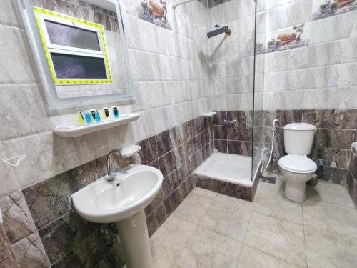 W łazience znajduje się umywalka, toaleta i prysznic. w obiekcie dream pyramids view w Kairze