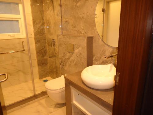 a bathroom with a toilet and a sink and a shower at Wonder Hill Kasauli in Kasauli