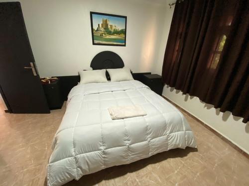 una camera da letto con un grande letto bianco con due cuscini di Villa arri atlas a Bine el Ouidane
