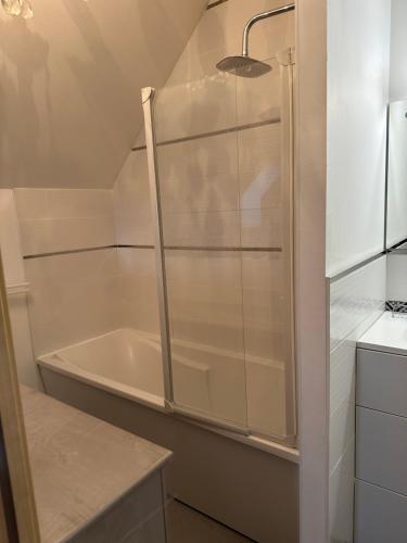 um chuveiro com uma porta de vidro na casa de banho em Bienvenue chez Eve en bourgogne chambre 1 em Beaune