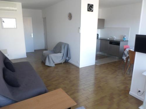 a living room with a couch and a chair at Beau T2 (53m²) climatisé, parking, à Carnon plage (5 personnes) 300 m plage in Mauguio