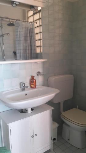 uma casa de banho com um lavatório e um WC em Viale Dante em Grado