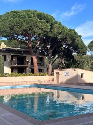 une piscine devant une maison avec des arbres dans l'établissement Appartement Le Castillon, à La Garonnette-Plage