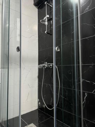 ein Bad mit einer Dusche mit schwarzen und weißen Fliesen in der Unterkunft Ivanov Apartment in Bitola