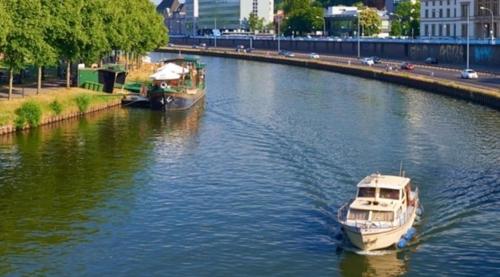 two boats on a river with a city in the background at Living at Saarpartments with 2 Bedrooms, Netflix- Business & Holiday Apartments for Long- and Short term Stay, 3 min to Train-Station and Europa Galerie in Saarbrücken