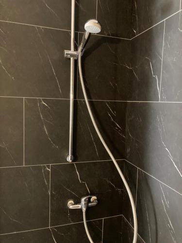 ラ・フロットにあるVILLA DEL RE 4 (face à la piscine)の黒いタイル張りのバスルーム(シャワー、ホース付)