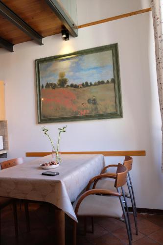 a table and chairs with a painting on the wall at Il loft di charme di Ricc in Faenza