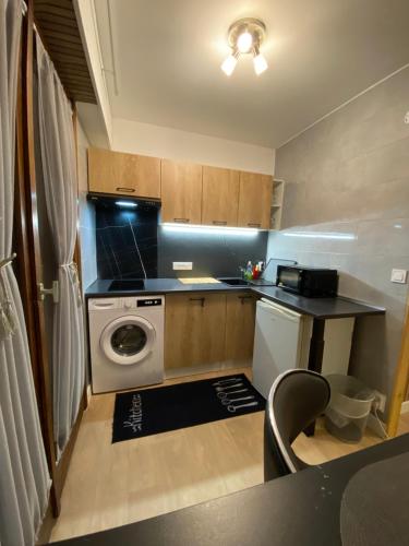 een kleine keuken met een wasmachine bij Studios & chambres aux portes de Genève in Saint-Julien-en-Genevois