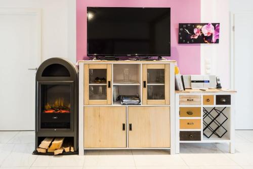 a television on a wooden entertainment center with a fireplace at 5 Sterne Ferienwohnung mit 2 Schlafzimmer, 2 Bäder, Badewanne und eigener Infrarotsauna in Arnbruck