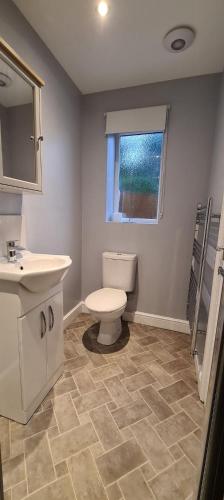 a bathroom with a toilet and a sink and a window at 'The Potting Shed' in Knaresborough