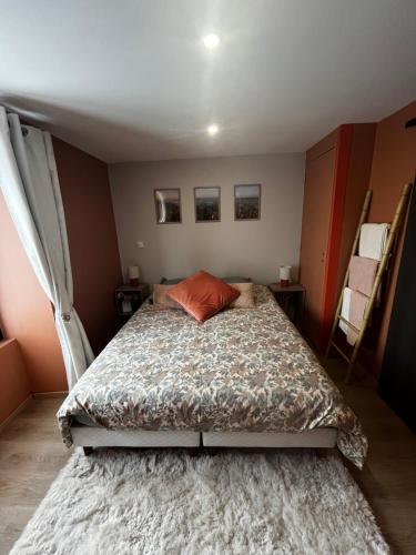 a bedroom with a bed with an orange pillow on it at Agréable Appartement Centre B in Bourges
