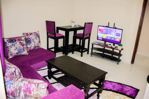 a living room with a purple couch and a tv at Arctic tern homes in Embu