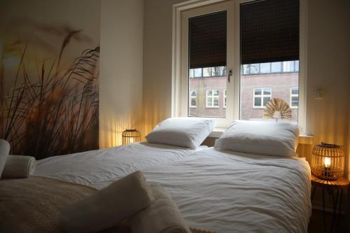 sypialnia z 2 łóżkami i oknem w obiekcie Knus appartement Tilburg w mieście Tilburg