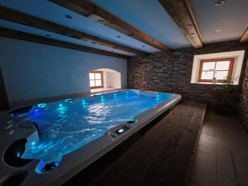 een groot zwembad in een kamer met een blauw bad bij Babyhotel Karolínka, wellness in Vranov nad Dyjí