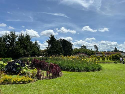 a garden with a bunch of flowers in the grass at Hotel & Golf Isak Aeropuerto in Rionegro