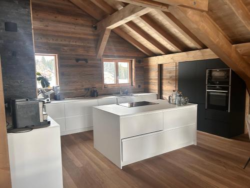 a kitchen with white cabinets and a tv in it at Chalet Clémence in Taninges