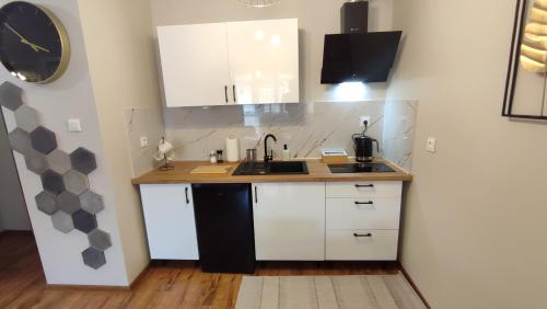 a kitchen with white cabinets and a sink at Apartament Reja in Włocławek