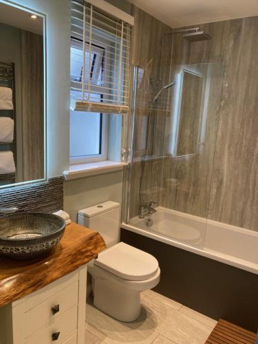 a bathroom with a toilet and a sink and a shower at Clashmore Wood in Dornoch