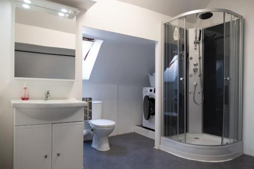 La salle de bains est pourvue d'un lavabo et d'une douche. dans l'établissement Domaine Evasion, à Neugartheim-Ittlenheim