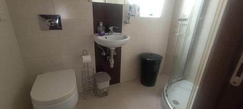 a bathroom with a toilet and a sink and a shower at 54 RW Ashley in Naxxar