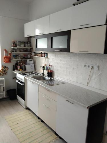 a kitchen with white cabinets and a sink and a stove at Byt 2kk v Liberci in Liberec