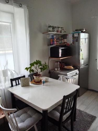 a kitchen with a white table and a refrigerator at Byt 2kk v Liberci in Liberec