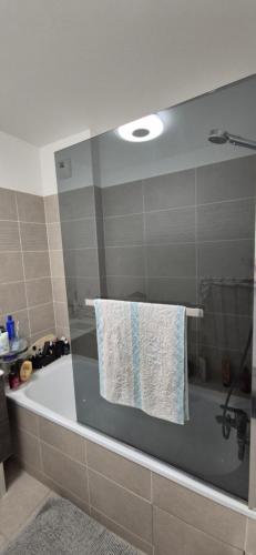 ein Badezimmer mit einer Badewanne und einem Handtuch darauf in der Unterkunft A cozy appartment-10min to Paris by public transp and 10min walk from Stade de France and Olympic Aquatic of Saint-Denis in Saint-Denis