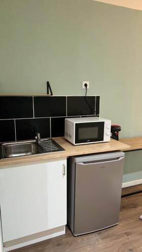 une cuisine avec un évier et un micro-ondes sur un comptoir dans l'établissement Cocon Urbain - Arrivée autonome, à Tourcoing
