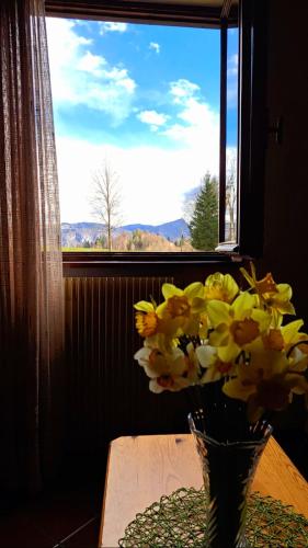 a vase of flowers on a table in front of a window at Casa Costa - Residenze Bucaneve in Tonezza del Cimone