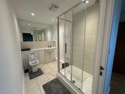 a bathroom with a shower and a toilet at Seaside Serenity Haven in London