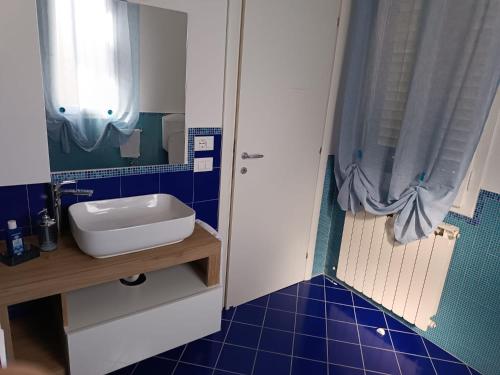 La salle de bains bleue est pourvue d'un lavabo et d'une douche. dans l'établissement La casetta del poggio, à Poggio a Caiano