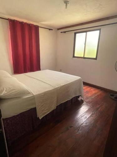 Schlafzimmer mit einem Bett mit einem roten Vorhang und einem Fenster in der Unterkunft Apartamento con piscina en jarabacoa in Jarabacoa