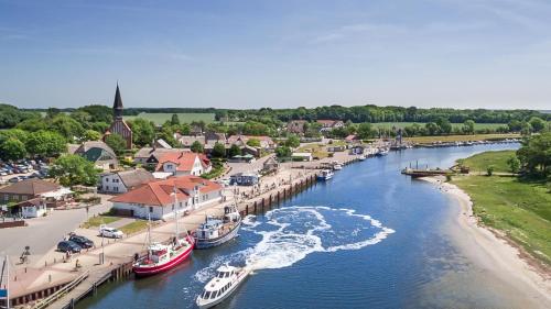 a group of boats docked at a dock on a river at Hotel Rügenschmiede vis a vis Hiddensee in Schaprode