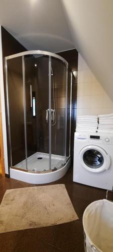 uma casa de banho com um chuveiro e uma máquina de lavar roupa em Dom Na Groniu em Kościelisko