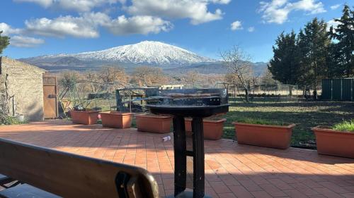 a grill with a snow covered mountain in the background at Soggiorno contrada difesa in Maletto