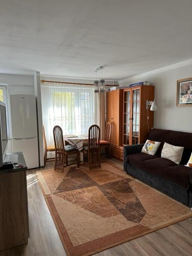 een woonkamer met een bank en een tafel bij Przytulne mieszkanie blisko kanalu in Giżycko