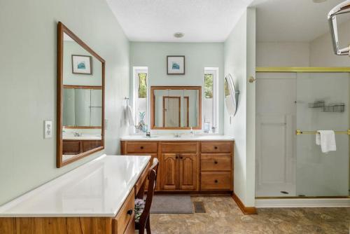 een badkamer met een wastafel, een spiegel en een douche bij Vintage Sunrise Home-Lake View in Lake Murray Shores