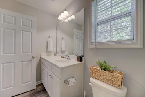 a bathroom with a sink and a toilet and a mirror at Pondside at Sweetoak in Columbia