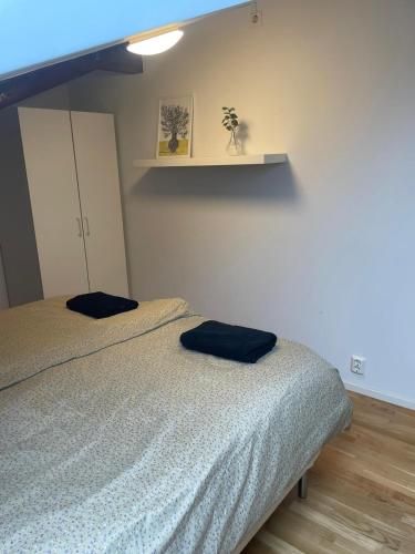 a bedroom with a bed with two pillows on it at Private Rom for two in Oslo City center-Main Street-Walking distance in Oslo