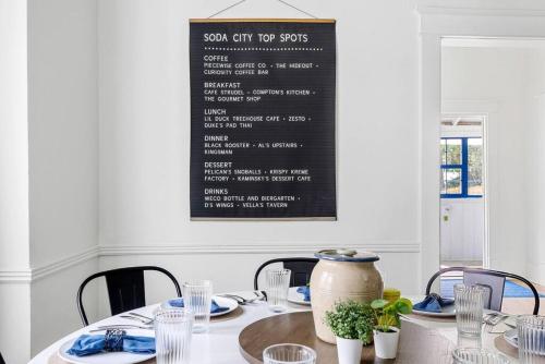 a dining room with a table with chairs and a menu at Urban Farmhouse-Sleeps 8 in West Columbia