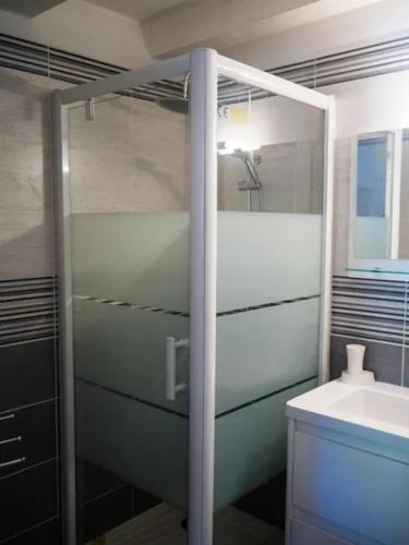 une salle de bain avec une douche en verre et un lavabo dans l'établissement Résidence Sofia Lynda, au Plan-de-la-Tour
