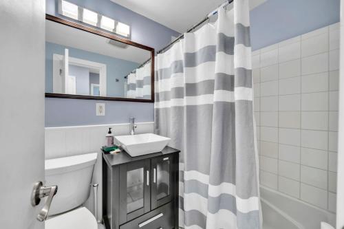 a bathroom with a sink and a shower curtain at Beautiful space in Heart of Downtown ATL (Atlanta) in Atlanta