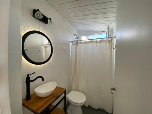 een badkamer met een wastafel, een toilet en een spiegel bij Las Marias house in Mendoza