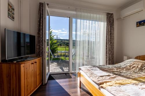 a bedroom with a television and a sliding glass door at Szabolcs Apartments in Demjén