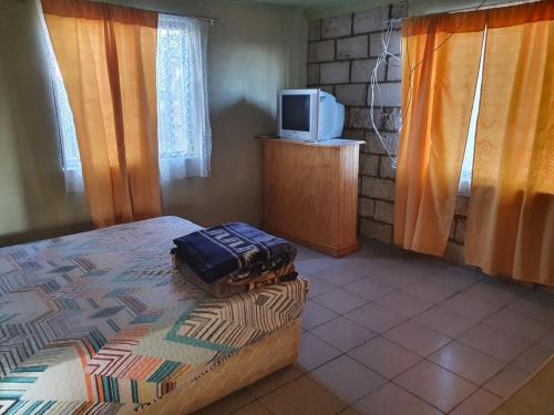um quarto com uma cama e uma televisão por cima em Acogedora Habitación San Pedro de Atacama em Toconao