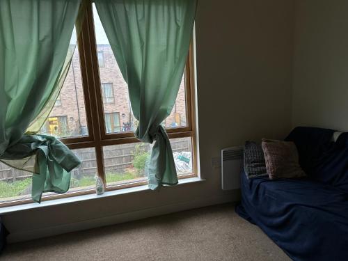 sala de estar con sofá y 2 ventanas en Bedsit room, en Thamesmead