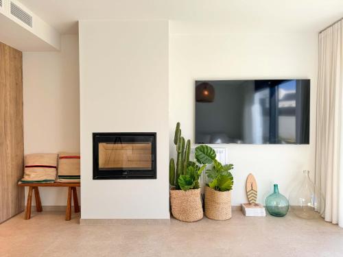 a living room with a fireplace and some plants at Tarifa Cozy House - La Tramontana in Tarifa