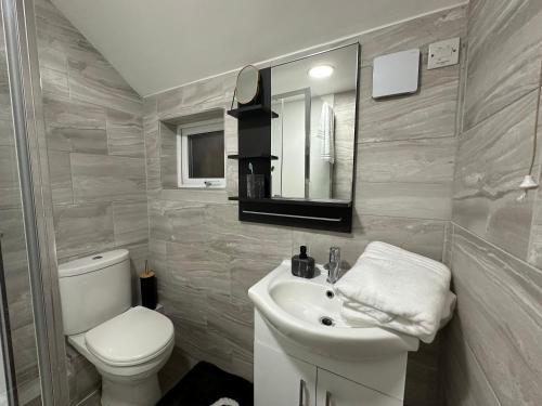 a white bathroom with a toilet and a sink at Cardiff Retreat with Private Garden! Perfect for Contractors, Tourists, Relocators in Cardiff