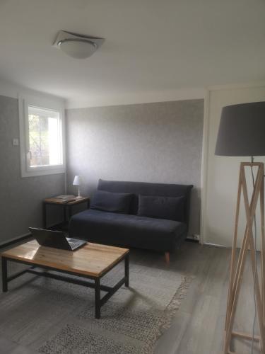 Sala de estar con sofá azul y mesa de centro en Appartement T2 Bagnère de bigorre, en Bagnères-de-Bigorre