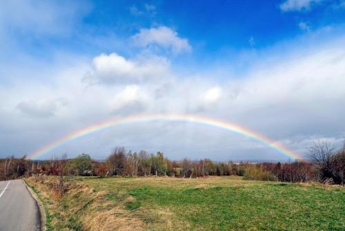 a rainbow in the sky over a field with a road at Casuta dintre brazi in Râșca